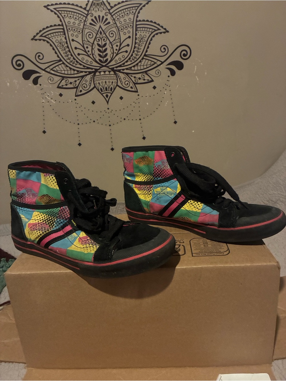 Vans Wellesley Black High-Top Sneakers with Pink and Multicolor Panels